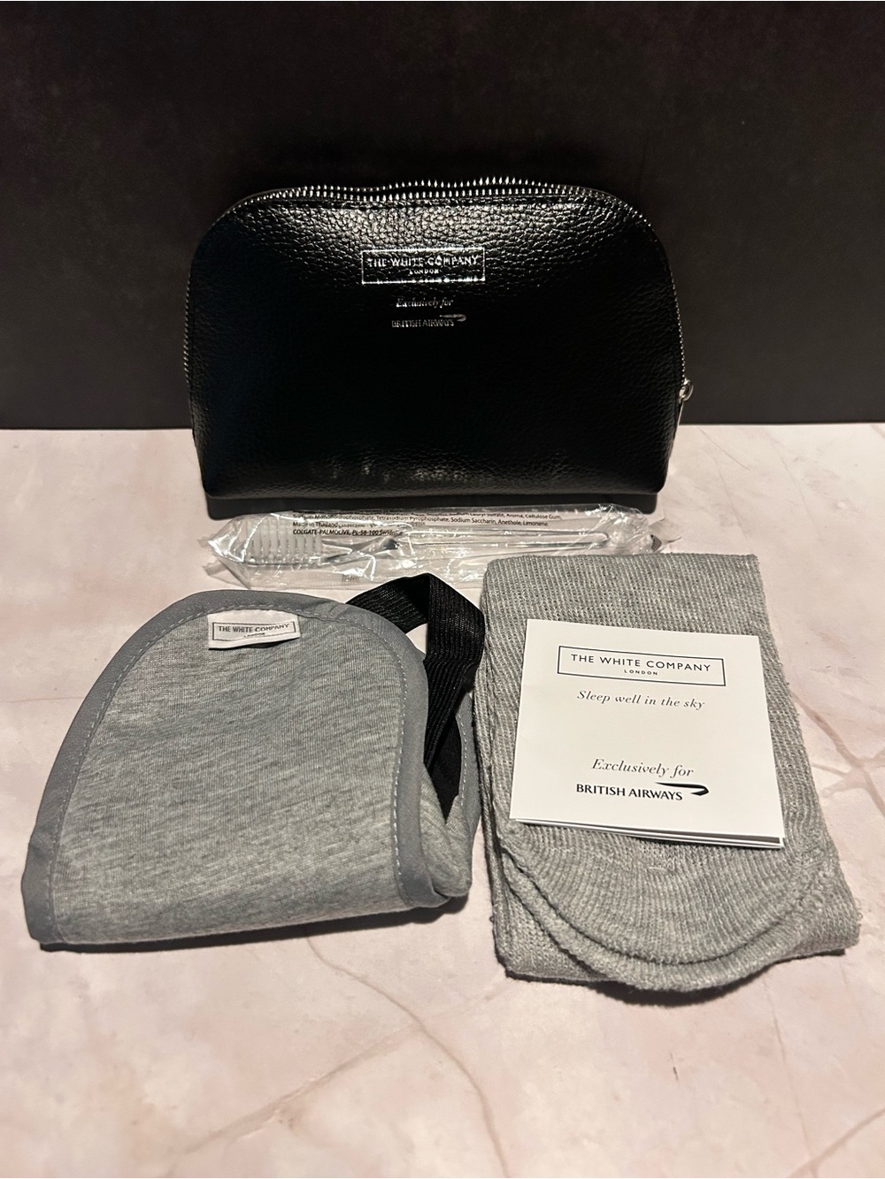 The White Company Grey Travel Sock & Eye Mask Set with Black Leather Pouch